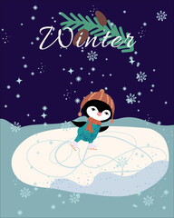 Winter card with penguin skating