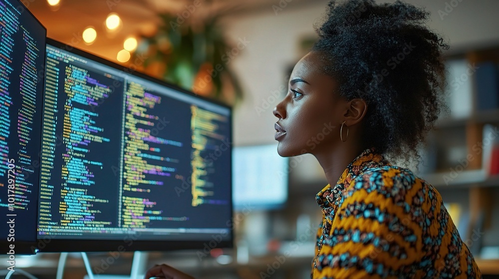 Poster young woman coding at computer in modern workspace