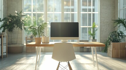 Modern Home Office Desk with Computer and Plants
