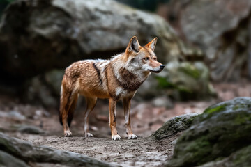 A lone fox standing on a dirt path surrounded by large rocks and a blurred natural background.