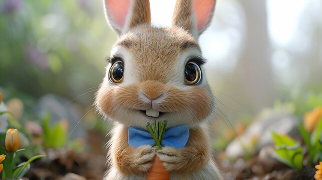 Adorable Cartoon Bunny Holding a Carrot in a Vibrant Garden Setting