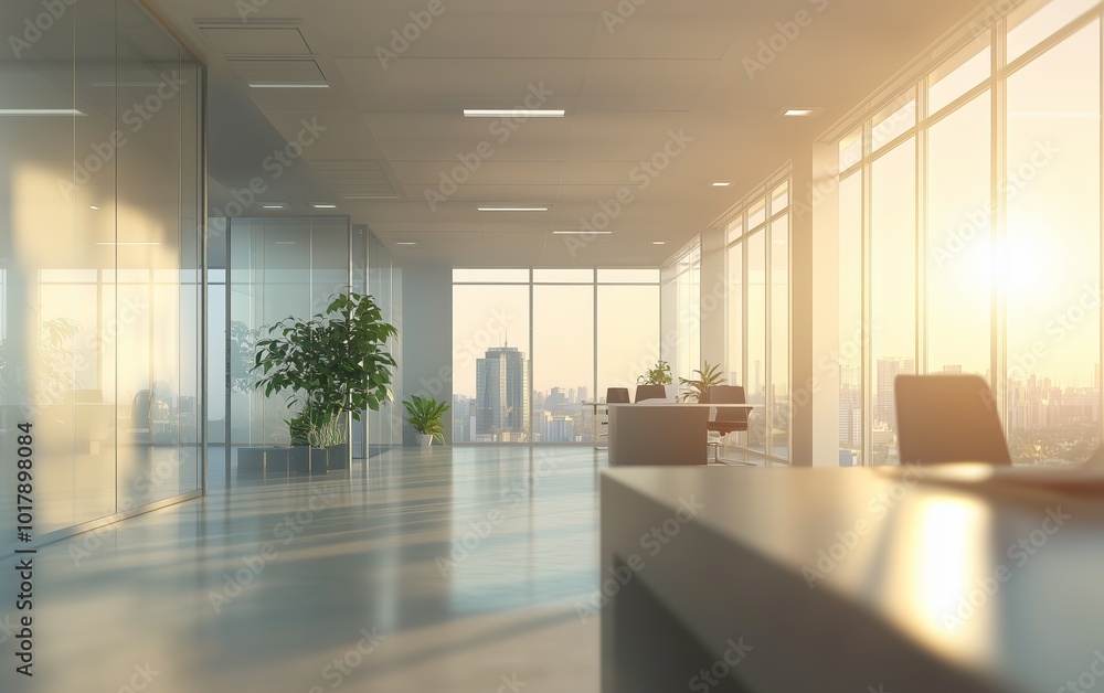 Wall mural beautiful blurred background of a light modern office interior with panoramic windows and beautiful 