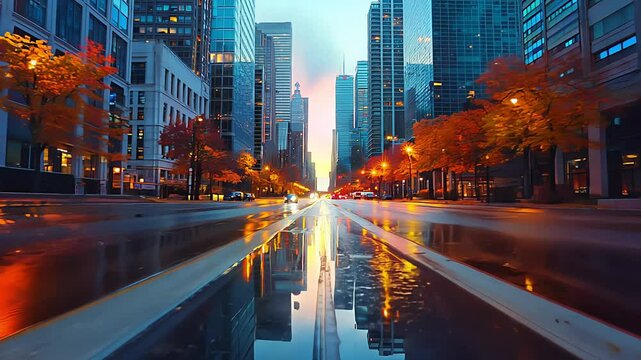 empty asphalt road of a modern city with skyscrapers. Created with generative AI.