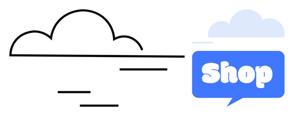 A cloud with minimalist lines is combined with a blue speech bubble containing the word Shop. Ideal for e-commerce, online stores, cloud-based services, digital marketing, and web design concepts