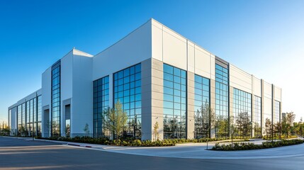 An impressive modern corporate building featuring a sleek reflective glass facade, standing tall surrounded by a neatly landscaped outdoor area bathed in sunlight.