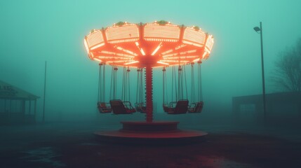 Haunted theme park ride, eerie lights and fog, 