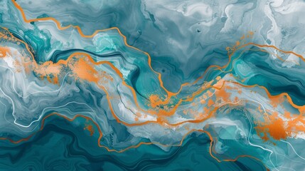 Luxurious abstract marbled wallpaper with fluid blue and teal paint swirls, vibrant geometric patterns, and contemporary artistic waves on a minimalist background in orange and blue hues – perfect for