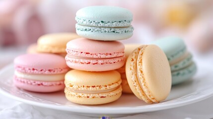 Obraz premium A delightful assortment of colorful macarons artfully arranged on a white plate, offering a visual treat of pastel hues and sweet indulgence in every delicious bite.