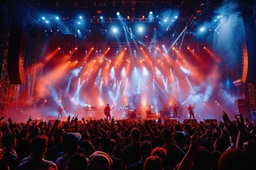 Colorful Stage Lights and Smoke at Concert with Dramatic Red and Blue Lighting Effects