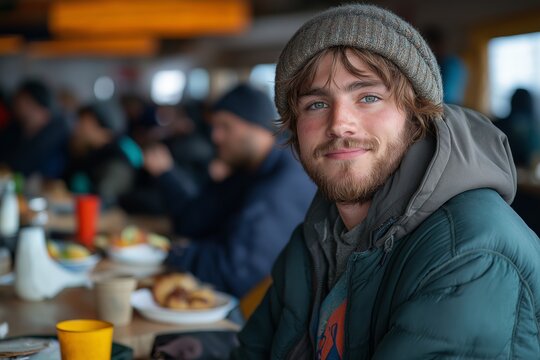 Man with a beard and blue eyes is sitting at a table with a cup in front of him. Positive homeless white man sits at a table in a bustling homeless shelter dining hall, surrounded by other individuals