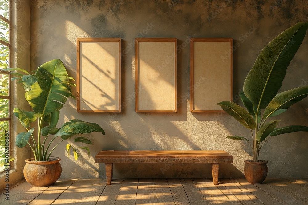 Aufkleber room with three empty picture frames on wooden bench. there are two potted plants in room. rectangul