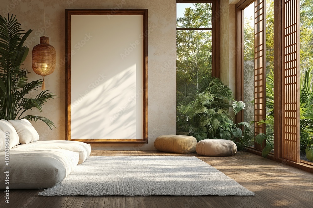 Poster room with empty picture frames on wooden bench. there are two potted plants in room. rectangular ver