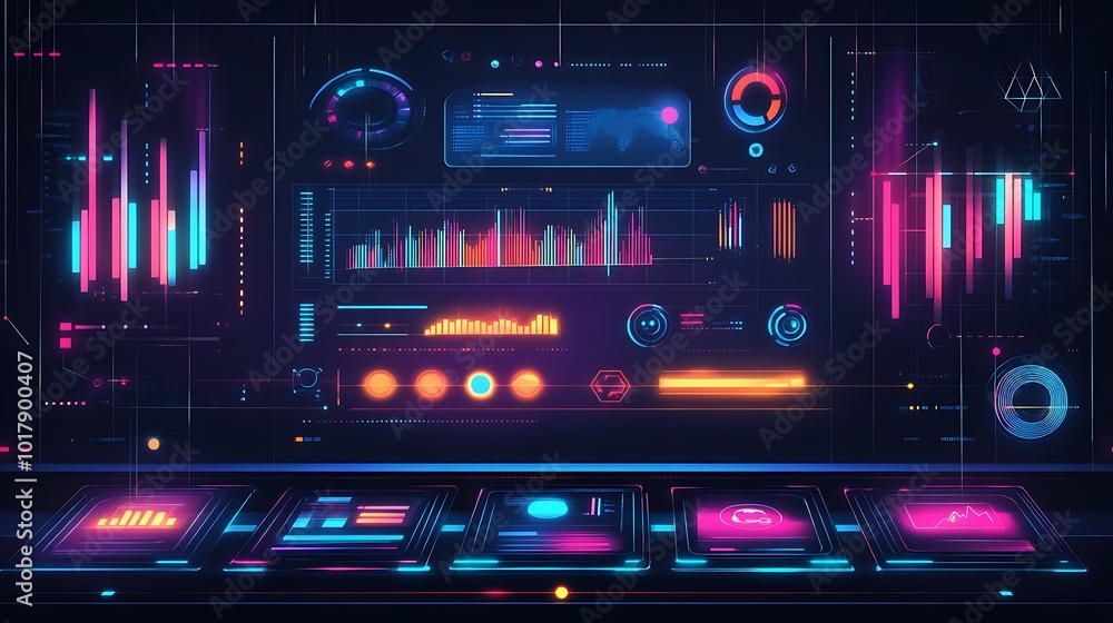Poster futuristic data visualization interface with neon lights