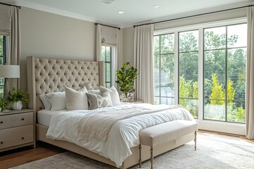 Fototapeta premium Tranquil and Cozy Bedroom with Elegant Design and Natural Lighting