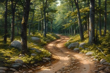 Obraz premium Serene Forest Pathway Winding Through Lush Woodland for Nature Landscape Design