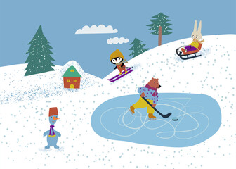Winter landscape with animals doing winter outdoor activities