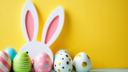 Festive Easter Eggs and Bunny Ears on Bright Yellow Background: Perfect for Holiday Greeting Cards...