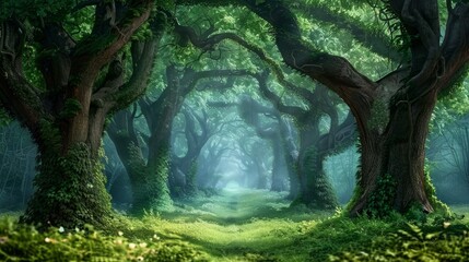Magical enchanted forest with towering trees and lush vegetation – mystical digital painting background with fairytale atmosphere and dreamlike nature scenery perfect for fantasy-themed wallpapers and
