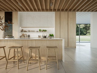 3D illustration. This image shows a sleek, modern kitchen with a minimalist design.