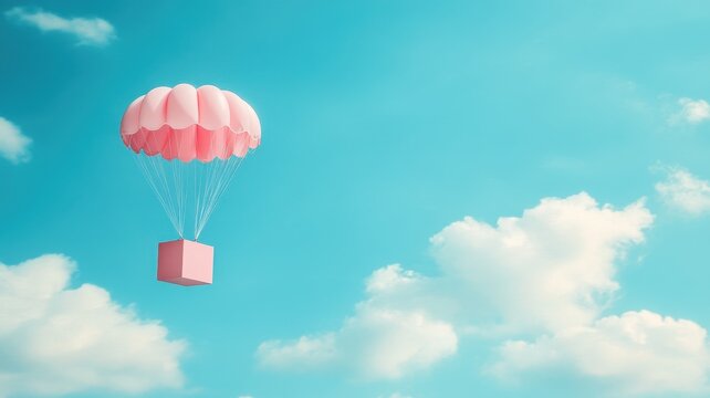 A Box flying on a parachute with cloud,vector illustration of package flying down from sky and cloud with parachute, concept for delivery service,shopping online,air delivery service.