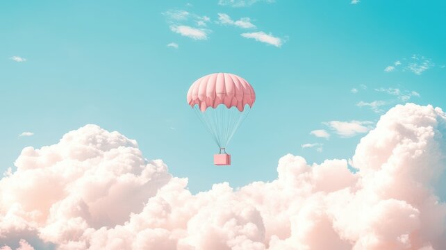 A Box flying on a parachute with cloud,vector illustration of package flying down from sky and cloud with parachute, concept for delivery service,shopping online,air delivery service.