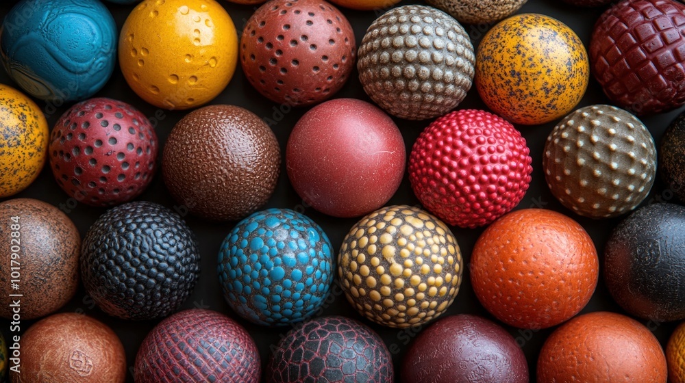 Poster a vibrant collection of textured balls in various colors and patterns.