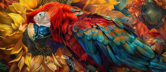 Obraz premium Vibrant Parrot Pecks Sunflower Seed Among Colorful Feathers