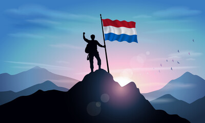 Netherlands flag, silhouette of a man holding a flag as a sign of success in reaching the top of the mountain with the morning sun in the background. Vector Illustrator