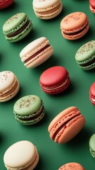 Fototapeta premium Red macaroons on color background,French macaroons for a christmas retail display,christmas tree in bakery shop,Open shop window with specialties pastry in holiday season,traditional french bakery.
