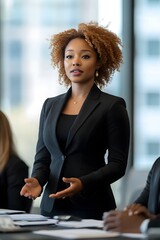 Poised Black businesswoman confidently leading a corporate meeting, dressed in professional outfit at a modern office