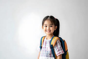 Smiling young asian girl with a backpack, ready for school, standing in front of a white background, looking confident and cheerful