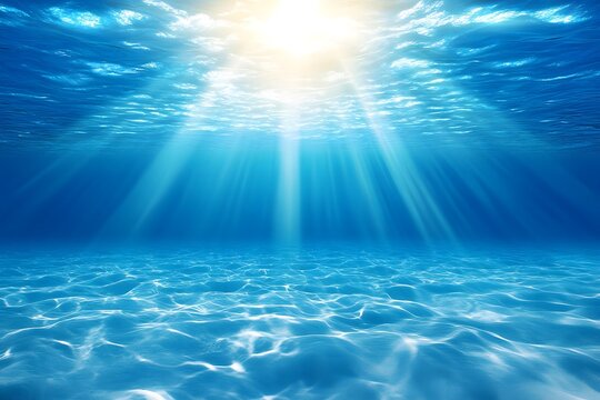 Sun rays illuminating a peaceful underwater view with clear blue water, capturing serene ocean depth and surface reflection
