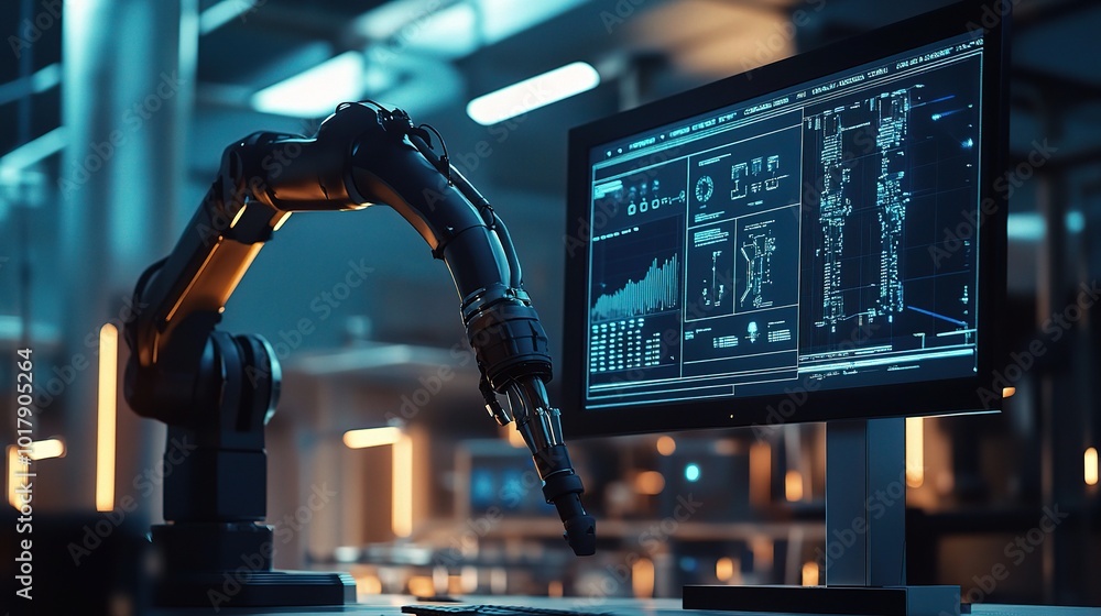 Poster industrial robot arm with data display in background