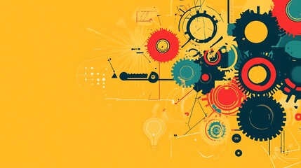 Obraz premium Abstract background with colorful gears, lines, and shapes on a yellow background.