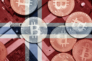 flag of norway on the bitcoins with computer electronic circuit board background. bitcoin concept