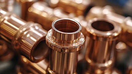 Shiny Copper Plumbing Pipes with Flanges