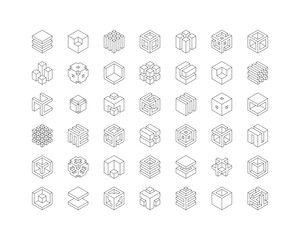 Cube logo, geometric vector design. Set box logotype company, trendy techno emblem in isometric 3D style.