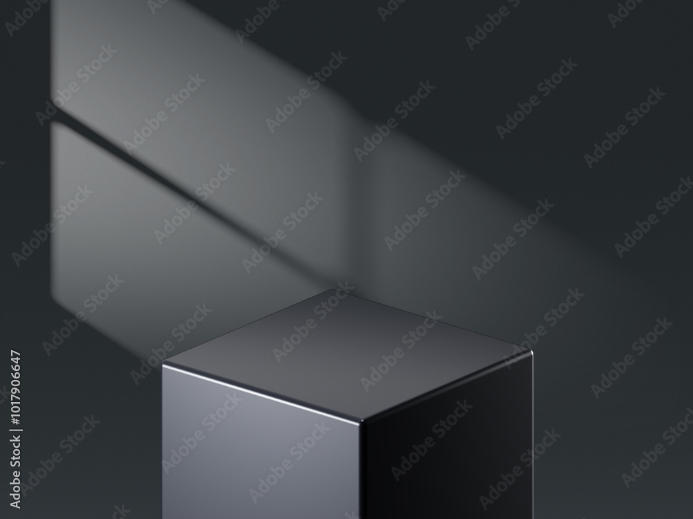 Poster Black product podium display background stage on 3d luxury presentation showcase empty platform studio. Minimal stand dark scene pedestal backdrop with elegant advertising geometric mockup design.