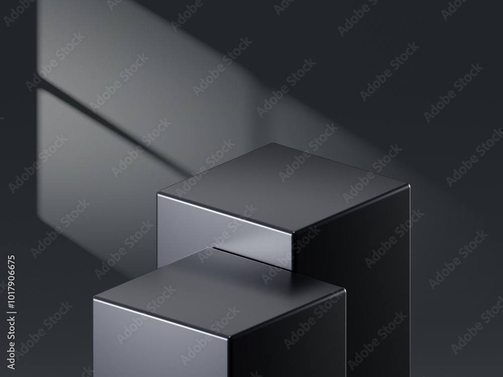 Leinwandbilder Black product podium display background stage on 3d luxury presentation showcase empty platform studio. Minimal stand dark scene pedestal backdrop with elegant advertising geometric mockup design.