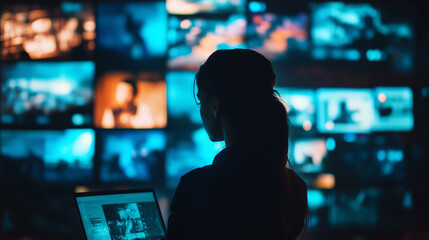 silhouette of a woman with a laptop in front of multiple screens displaying video