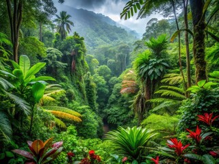 Obraz premium Lush Greenery and Vibrant Ecosystem of a Tropical Rainforest with Dense Foliage and Exotic Plants