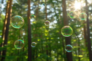 Soap bubbles flying through the forest