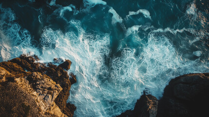 Aerial view on a waves crashing against the rocks