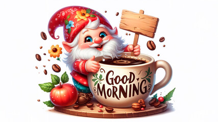 A charming cheerful gnome holds a huge mug of coffee in his hand. The inscription on the mug says: "Good morning"