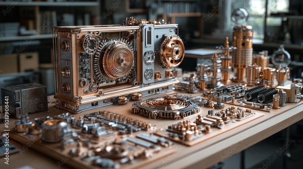 Poster intricate mechanical assembly showcasing gears and components.