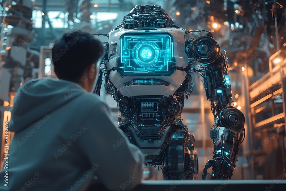 Poster futuristic ai powered robot interacting with holographic control interface