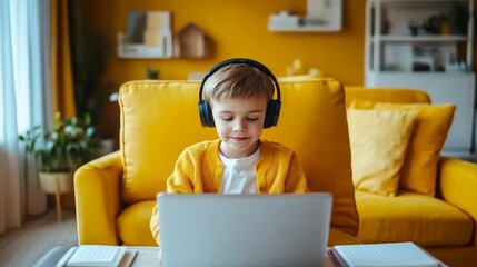 Young Boy with Headphones Engaged in Online Learning at Home Using Laptop, Focus on Education