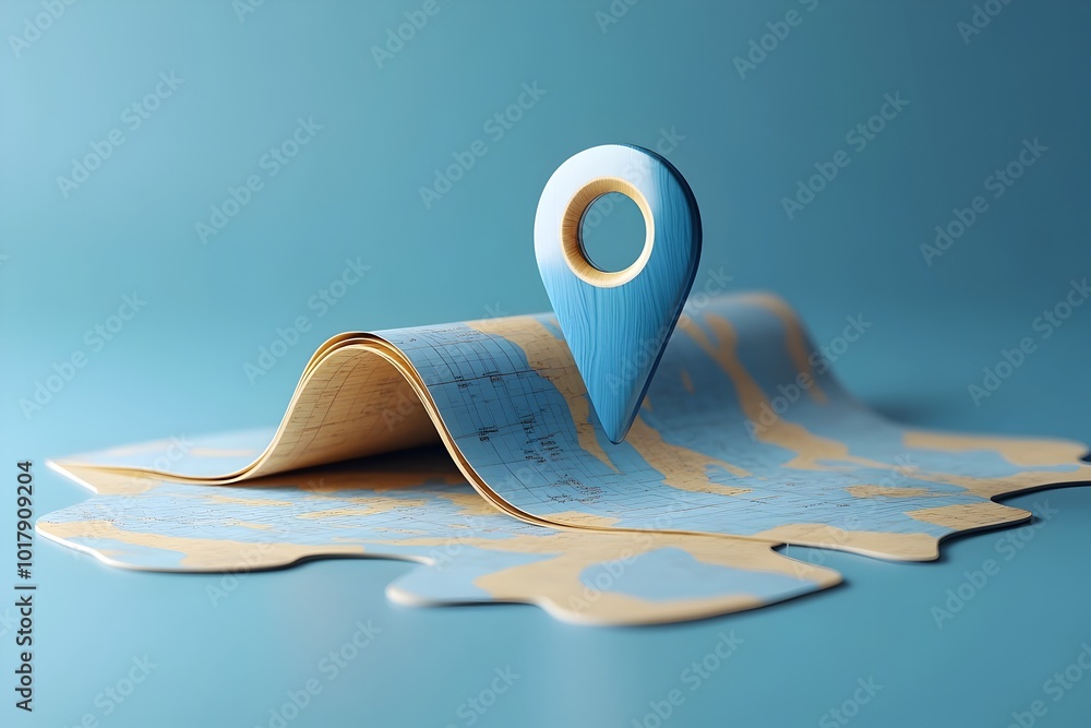 Poster 3d folded paper map with gps pointer pin and search bar icon