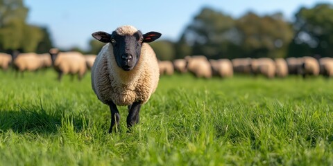 Fototapeta premium A Suffolk sheep flock grazing in a freshly rotated, lush green pasture in Southern England