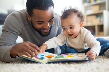 Obraz premium A parent and baby sitting together on the floor, reading an educational picture book with large, colorful illustrations, as the baby eagerly points to different objects